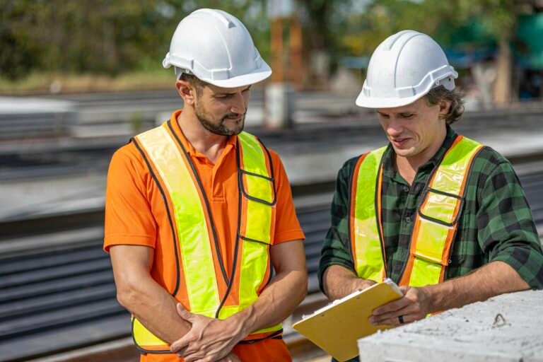 Techniciens vérifiant les documents sur chantier lors du contrôle et de la réception d’un flocage anti-feu