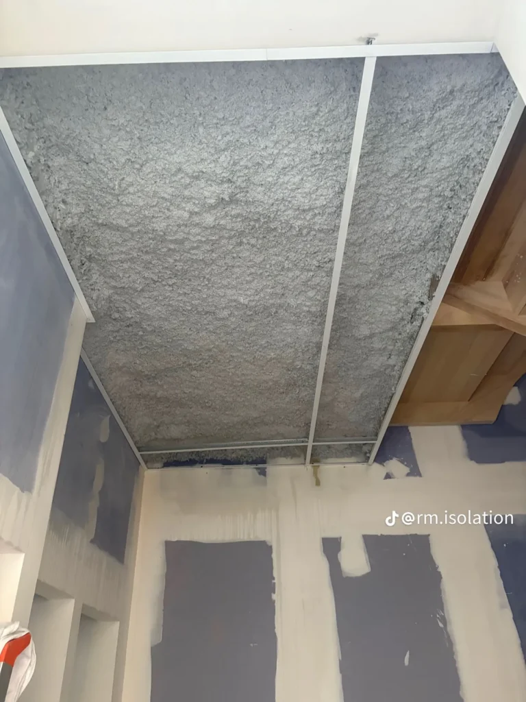Sous-face de la structure bois après application du flocage coupe-feu projeté CF 2 h par IP2F, ossature du plafond suspendu conservée.