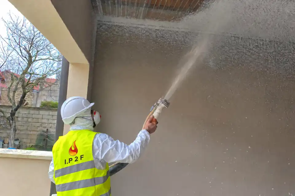 Flocage coupe-feu : technicien IP2F projetant un flocage fibreux coupe-feu sur un mur et une sous-face de plancher